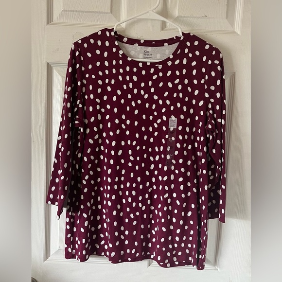 Kim Rogers Tops - Kim Rogers Women's Burgundy and White Dot Blouse 3/4 Sleeve Sz‎ P/M